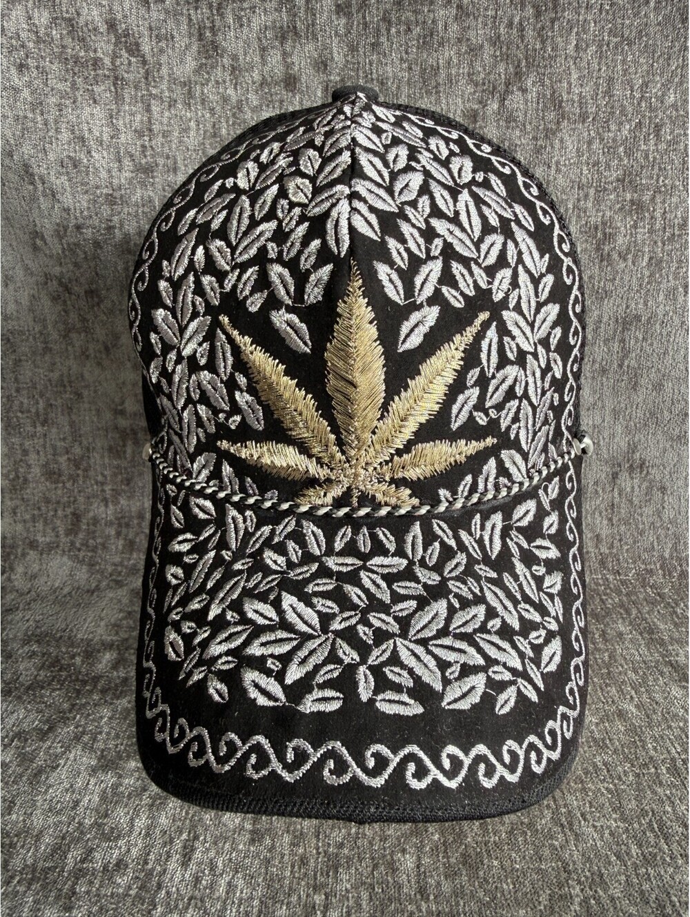 Embroidered Marijuana Leaf Trucker Hat Black Gold Cannabis Weed Snapback Cap Mex